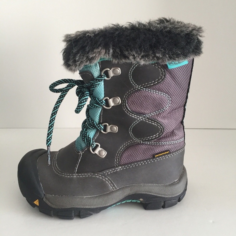 Keen Girl's Kelsey Winter Boots Faux Fur Trim Round Toe Speed Lace Gray Youth 11